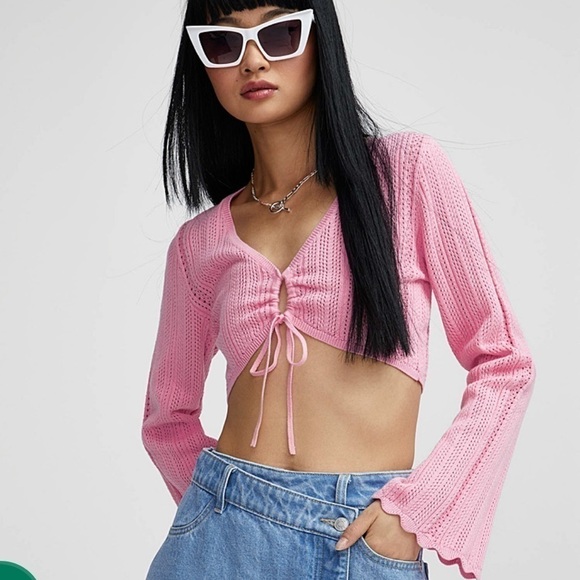 Simons Drawstring pointelle knit bolero top in cream - Picture 1 of 7